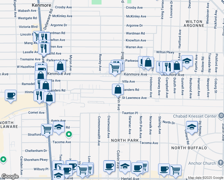 map of restaurants, bars, coffee shops, grocery stores, and more near 265 Sanders Road in Buffalo