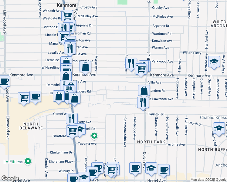 map of restaurants, bars, coffee shops, grocery stores, and more near 143 Sanders Road in Buffalo