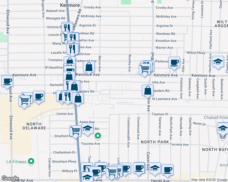 map of restaurants, bars, coffee shops, grocery stores, and more near 143 Sanders Road in Buffalo