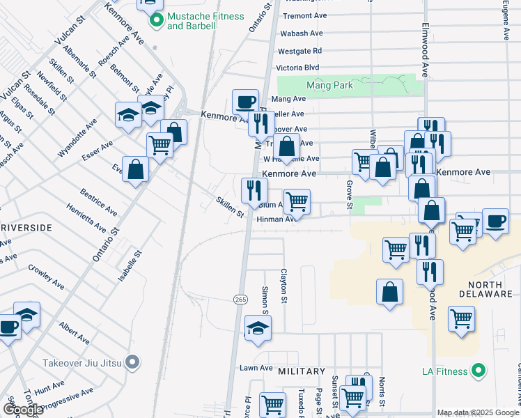 map of restaurants, bars, coffee shops, grocery stores, and more near 715 Military Road in Buffalo