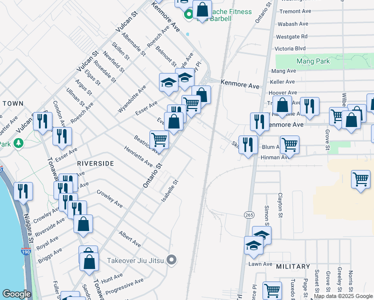 map of restaurants, bars, coffee shops, grocery stores, and more near 146 Philadelphia St in Buffalo