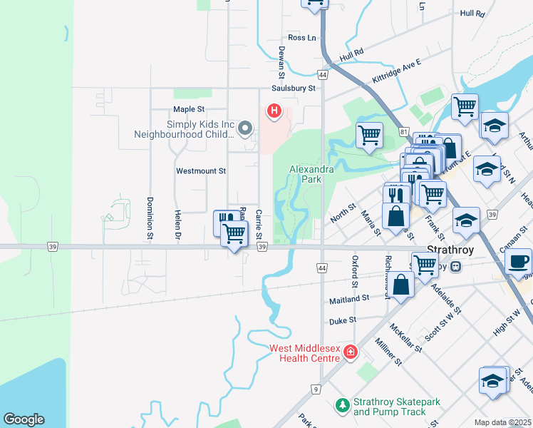 map of restaurants, bars, coffee shops, grocery stores, and more near 265 Carrie Street in Strathroy