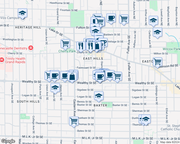 map of restaurants, bars, coffee shops, grocery stores, and more near 315 Eureka Avenue Southeast in Grand Rapids