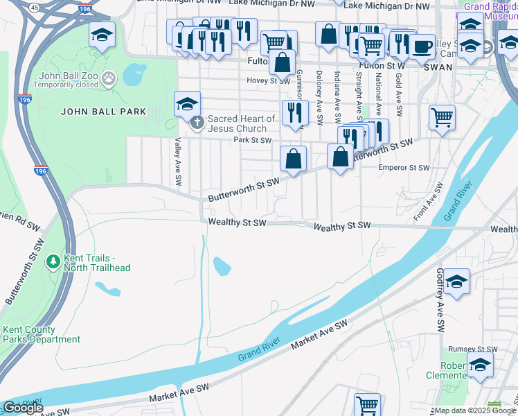 map of restaurants, bars, coffee shops, grocery stores, and more near 332 Fransman Place Southwest in Grand Rapids