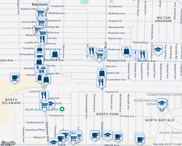 map of restaurants, bars, coffee shops, grocery stores, and more near 227 Sanders Road in Buffalo