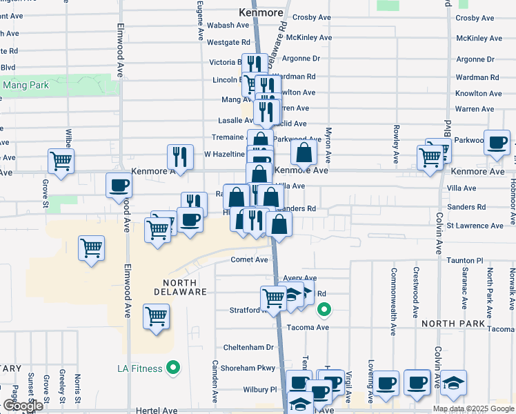 map of restaurants, bars, coffee shops, grocery stores, and more near 19 Hinman Avenue in Buffalo