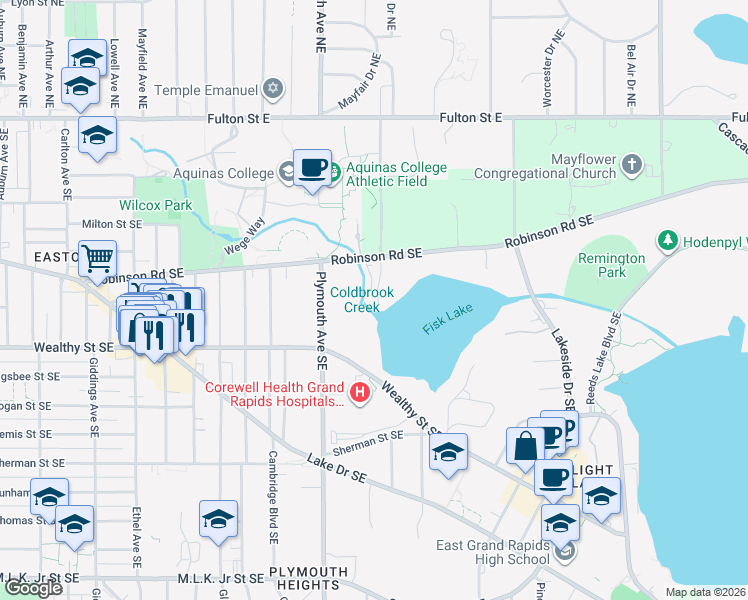 map of restaurants, bars, coffee shops, grocery stores, and more near 1950 Robinson Road Southeast in East Grand Rapids