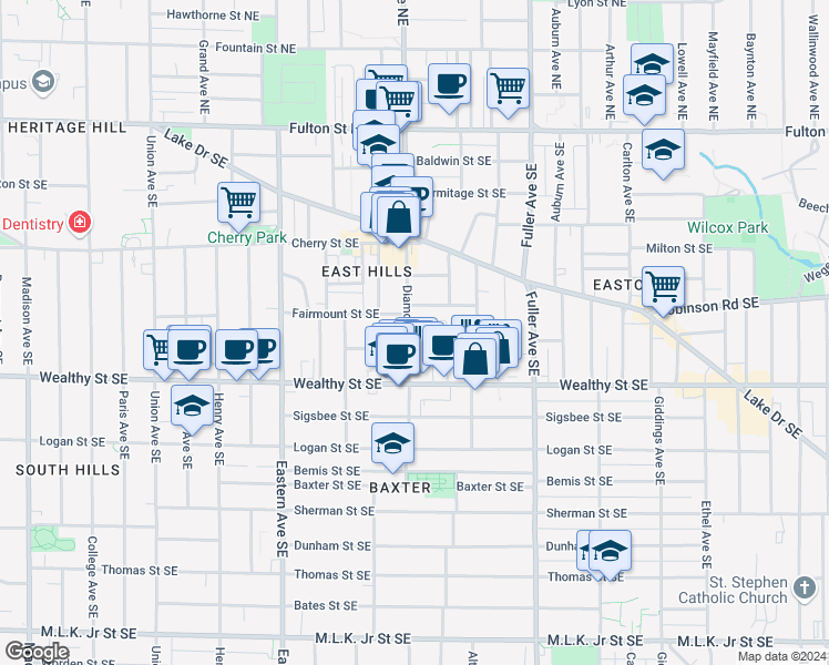 map of restaurants, bars, coffee shops, grocery stores, and more near 324 Diamond Avenue Southeast in Grand Rapids