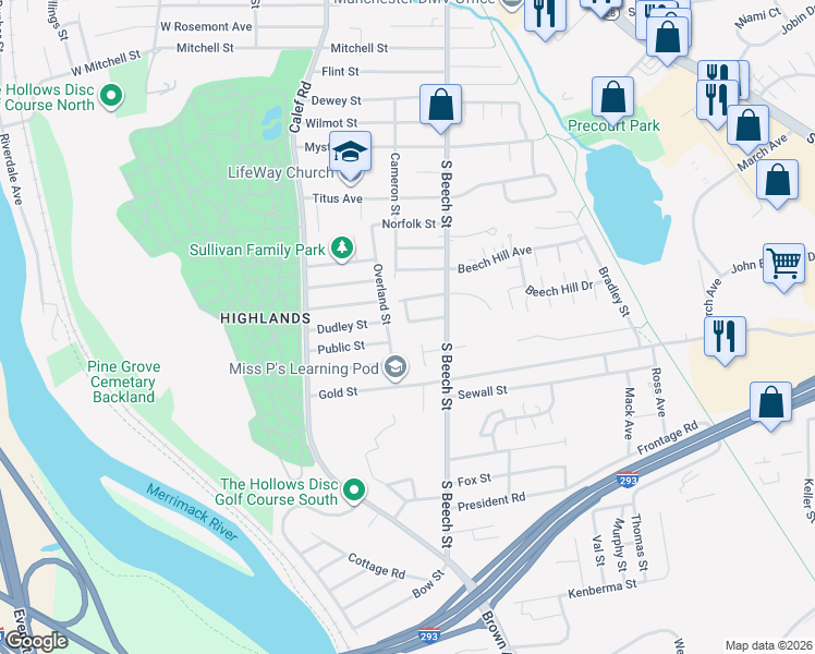 map of restaurants, bars, coffee shops, grocery stores, and more near 115 Theresa Court in Manchester