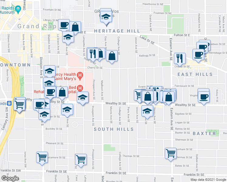 map of restaurants, bars, coffee shops, grocery stores, and more near 312 Morris Avenue Southeast in Grand Rapids