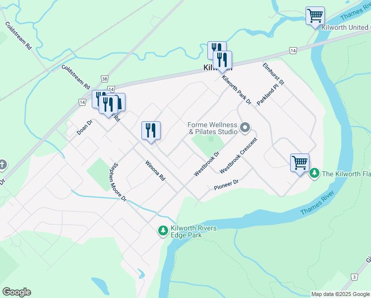 map of restaurants, bars, coffee shops, grocery stores, and more near 81 Westbrook Crescent in Komoka