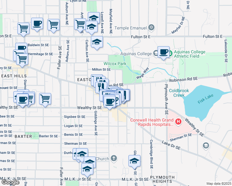 map of restaurants, bars, coffee shops, grocery stores, and more near 326 Hampton Avenue Southeast in Grand Rapids