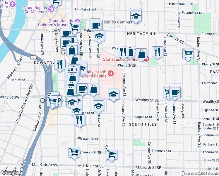 map of restaurants, bars, coffee shops, grocery stores, and more near 235 Wealthy Street Southeast in Grand Rapids