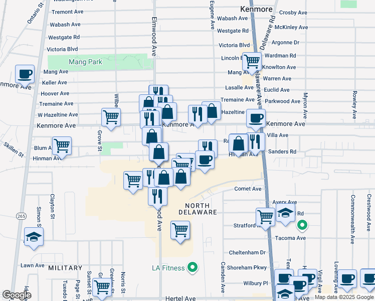 map of restaurants, bars, coffee shops, grocery stores, and more near 171 Hinman Ave in Buffalo