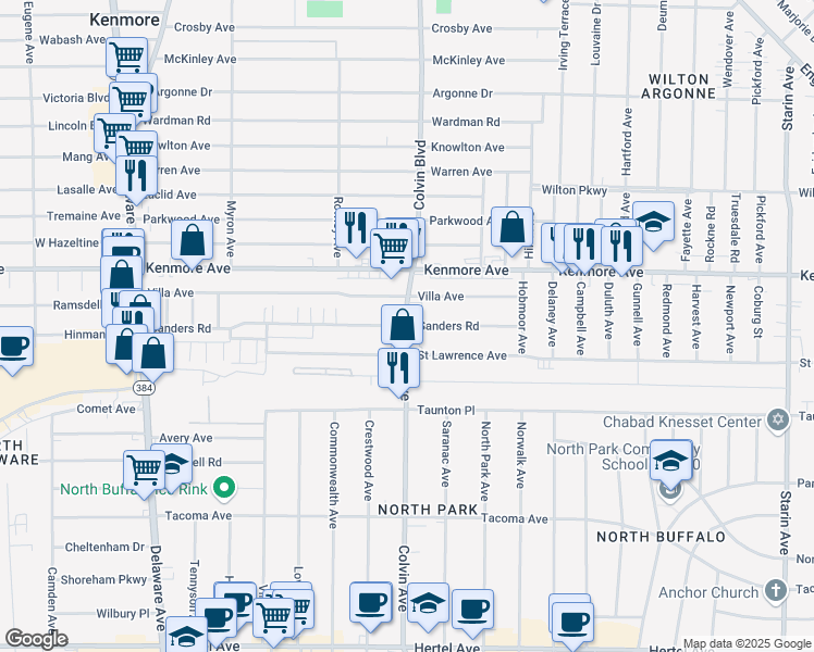map of restaurants, bars, coffee shops, grocery stores, and more near Colvin Avenue & Sanders Road in Buffalo