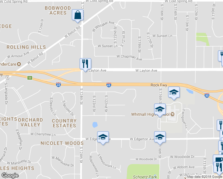 map of restaurants, bars, coffee shops, grocery stores, and more near 12136 West Barnard Avenue in Greenfield