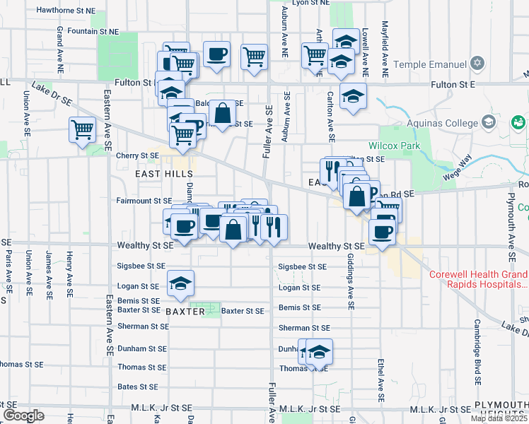 map of restaurants, bars, coffee shops, grocery stores, and more near 316 Fuller Avenue Southeast in Grand Rapids