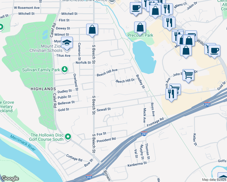 map of restaurants, bars, coffee shops, grocery stores, and more near 10-100 Sentinel Court in Manchester