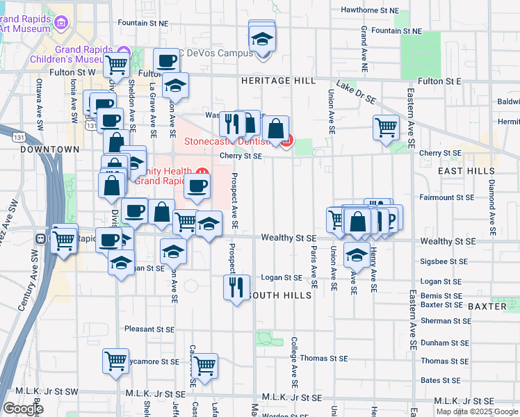 map of restaurants, bars, coffee shops, grocery stores, and more near 314 Madison Avenue Southeast in Grand Rapids