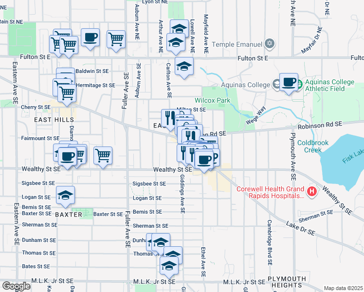 map of restaurants, bars, coffee shops, grocery stores, and more near 1400 Lake Drive Southeast in East Grand Rapids