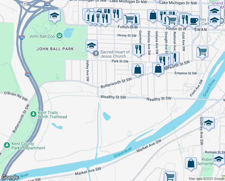 map of restaurants, bars, coffee shops, grocery stores, and more near 327 Marion Avenue Southwest in Grand Rapids