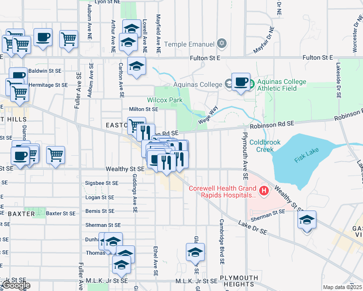map of restaurants, bars, coffee shops, grocery stores, and more near 327 Woodmere Avenue Southeast in Grand Rapids