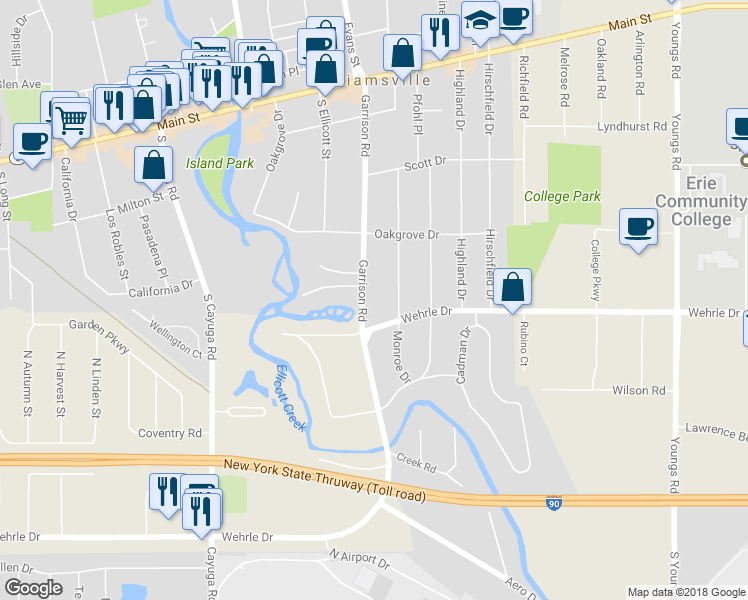 map of restaurants, bars, coffee shops, grocery stores, and more near 248 Garrison Road in Buffalo