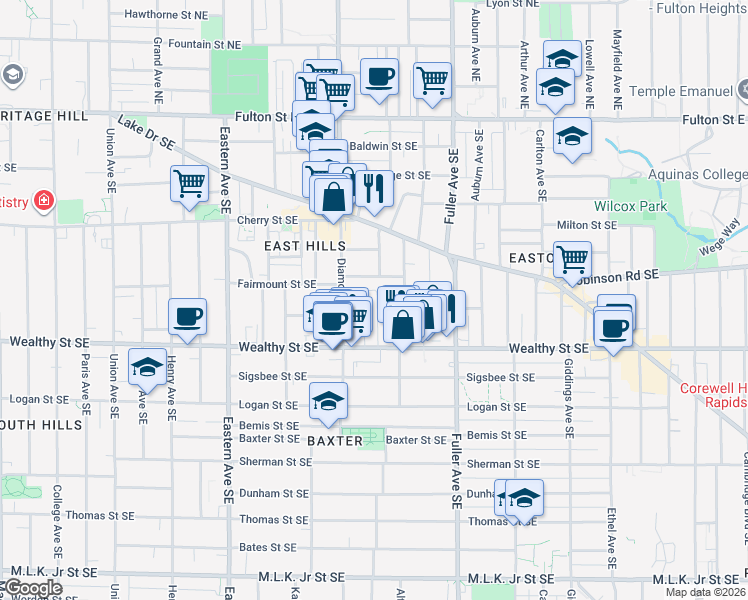 map of restaurants, bars, coffee shops, grocery stores, and more near 317 Freyling Place Southeast in Grand Rapids