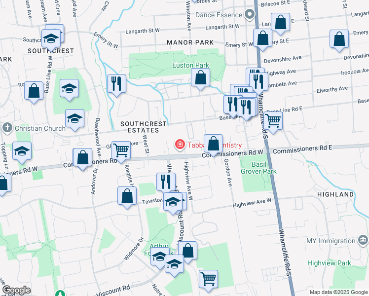 map of restaurants, bars, coffee shops, grocery stores, and more near Huxley Street in London