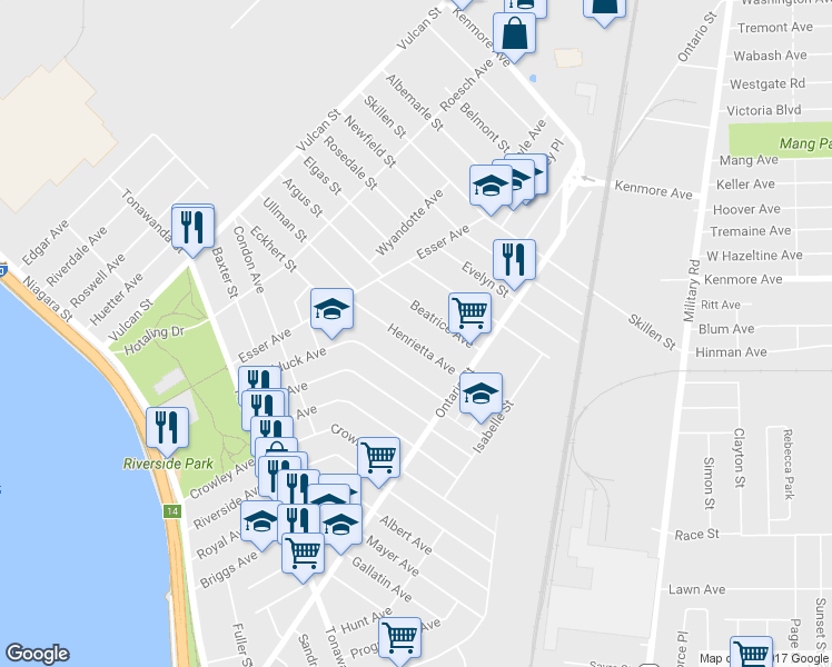map of restaurants, bars, coffee shops, grocery stores, and more near 63 Henrietta Avenue in Buffalo