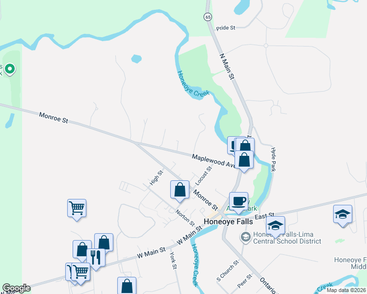 map of restaurants, bars, coffee shops, grocery stores, and more near 41 Maplewood Avenue in Honeoye Falls