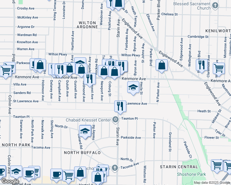 map of restaurants, bars, coffee shops, grocery stores, and more near 612 Starin Avenue in Buffalo