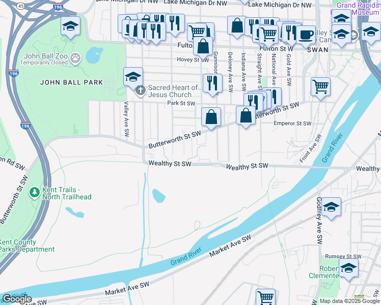 map of restaurants, bars, coffee shops, grocery stores, and more near 335 Krakow Place Southwest in Grand Rapids