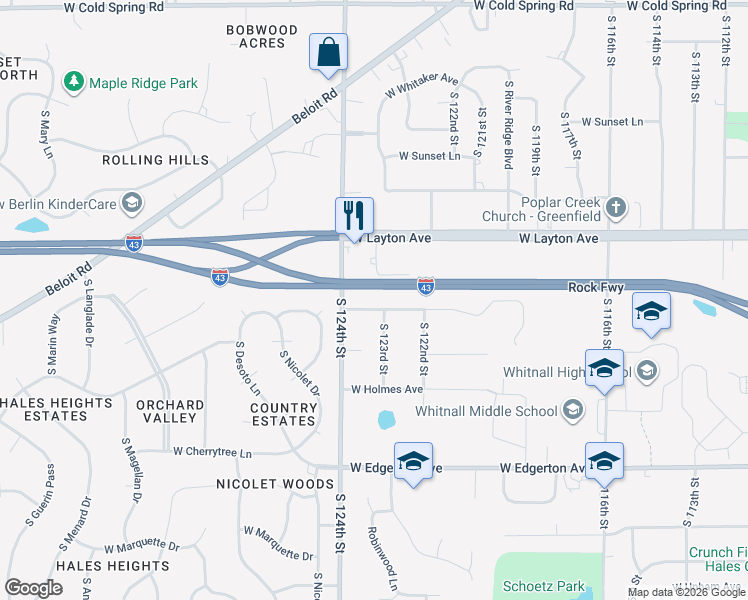 map of restaurants, bars, coffee shops, grocery stores, and more near 12330 West Barnard Avenue in Greenfield