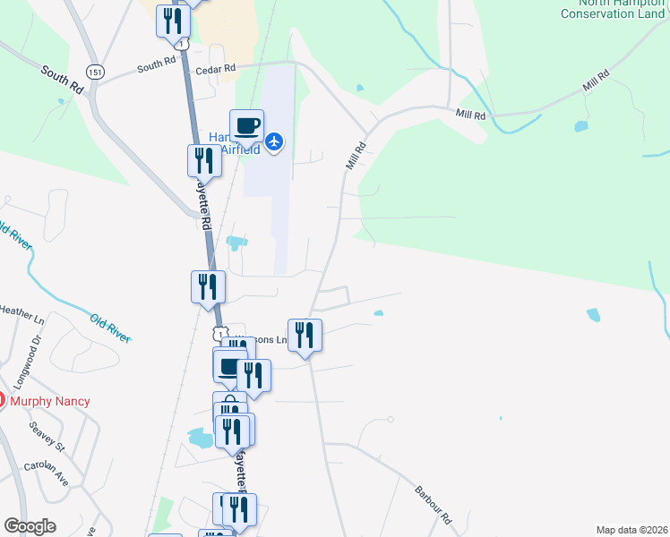 map of restaurants, bars, coffee shops, grocery stores, and more near 303 Mill Road in Hampton