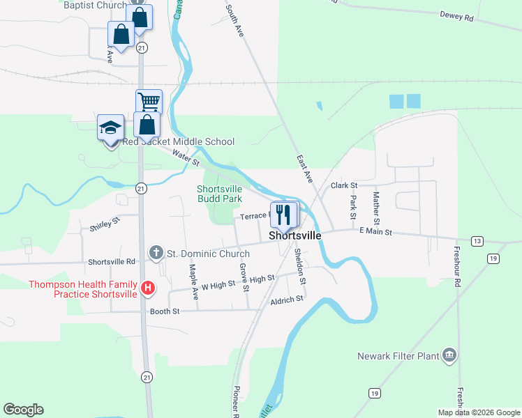 map of restaurants, bars, coffee shops, grocery stores, and more near 10 Terrace Place in Shortsville