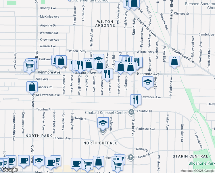 map of restaurants, bars, coffee shops, grocery stores, and more near 34 Harvest Avenue in Buffalo