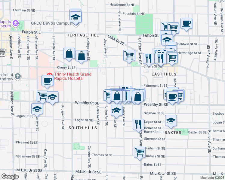 map of restaurants, bars, coffee shops, grocery stores, and more near 309 James Avenue Southeast in Grand Rapids