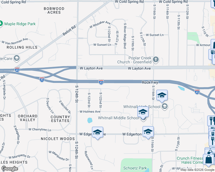 map of restaurants, bars, coffee shops, grocery stores, and more near 12136 West Barnard Avenue in Greenfield