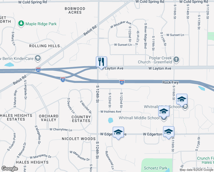 map of restaurants, bars, coffee shops, grocery stores, and more near 12330 West Barnard Avenue in Greenfield