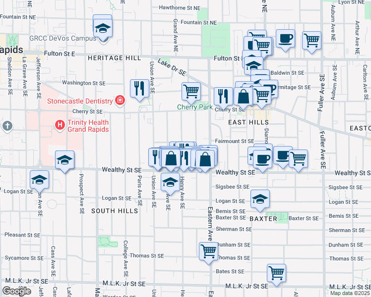 map of restaurants, bars, coffee shops, grocery stores, and more near 312 Henry Avenue Southeast in Grand Rapids