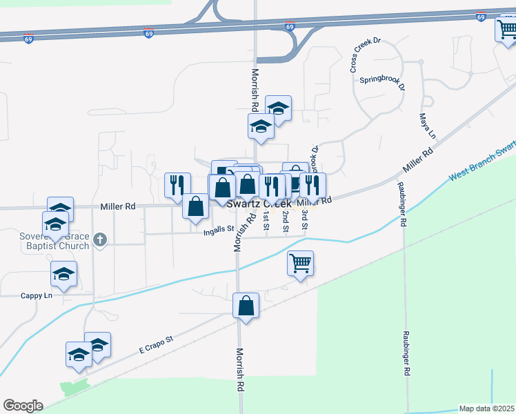 map of restaurants, bars, coffee shops, grocery stores, and more near 7831 Miller Road in Swartz Creek