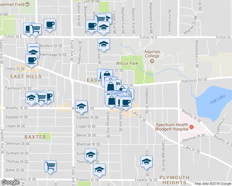 map of restaurants, bars, coffee shops, grocery stores, and more near 1443 Genessee Street Southeast in Grand Rapids