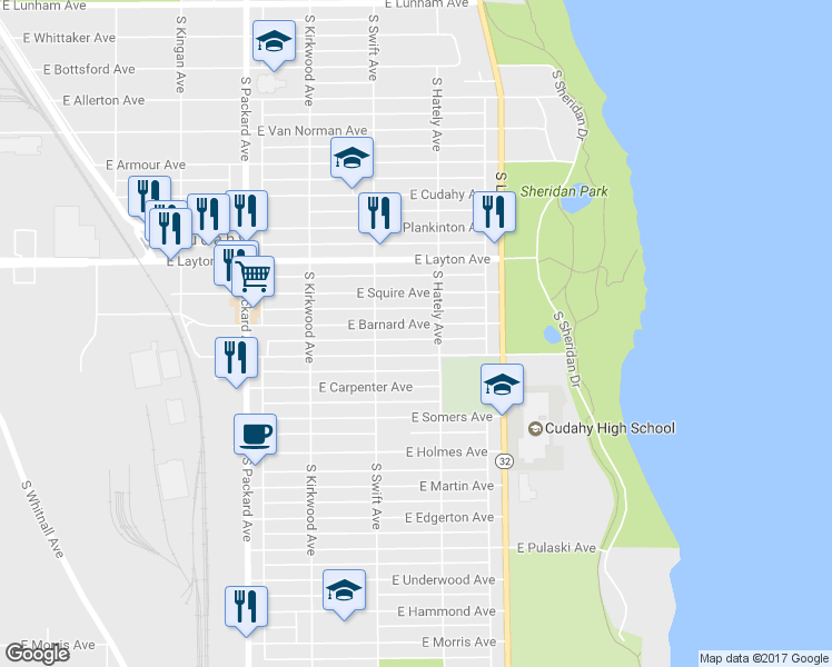 map of restaurants, bars, coffee shops, grocery stores, and more near 3853 East Barnard Avenue in Cudahy