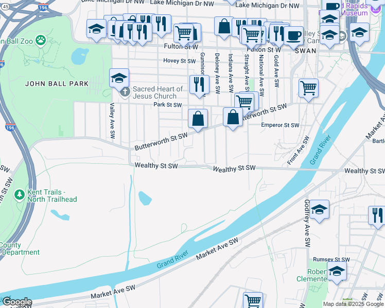 map of restaurants, bars, coffee shops, grocery stores, and more near 977 Wealthy Street Southwest in Grand Rapids