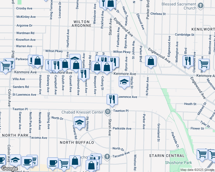 map of restaurants, bars, coffee shops, grocery stores, and more near 612 Starin Avenue in Buffalo