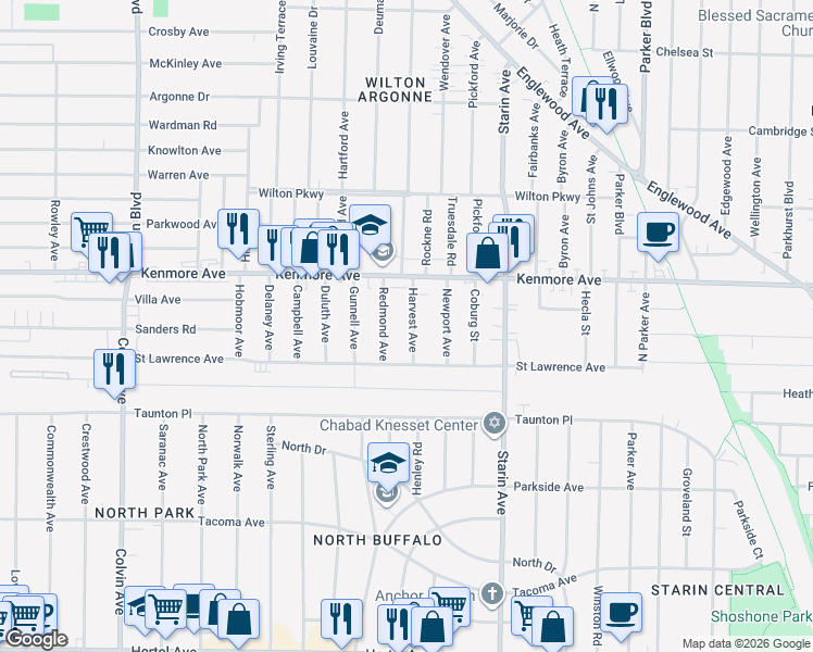 map of restaurants, bars, coffee shops, grocery stores, and more near 34 Harvest Avenue in Buffalo