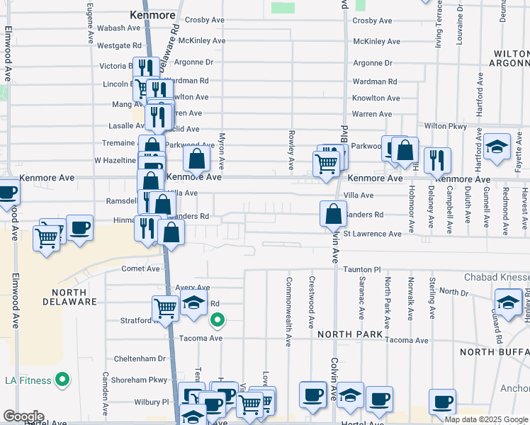 map of restaurants, bars, coffee shops, grocery stores, and more near 140-204 Sanders Road in Buffalo