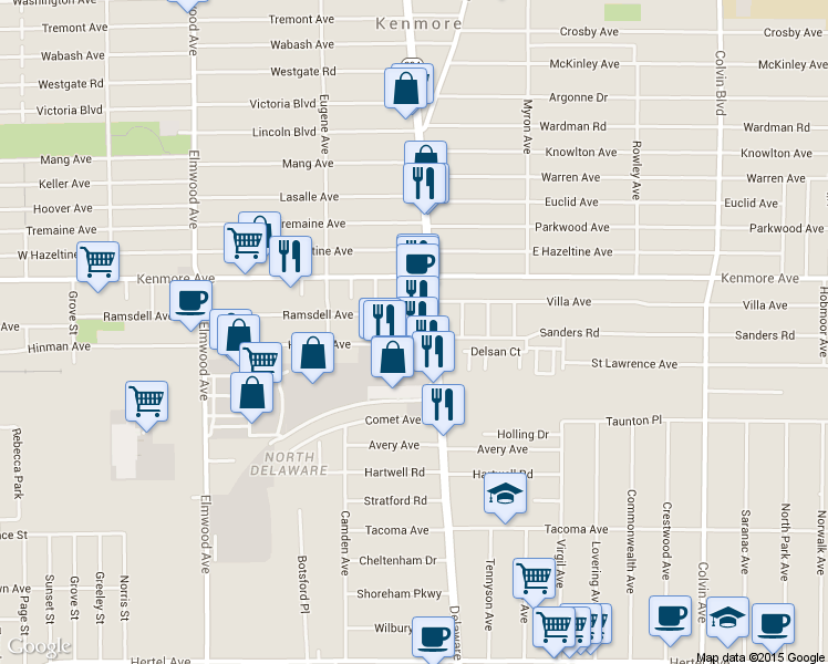 map of restaurants, bars, coffee shops, grocery stores, and more near 2670 Delaware Avenue in Buffalo