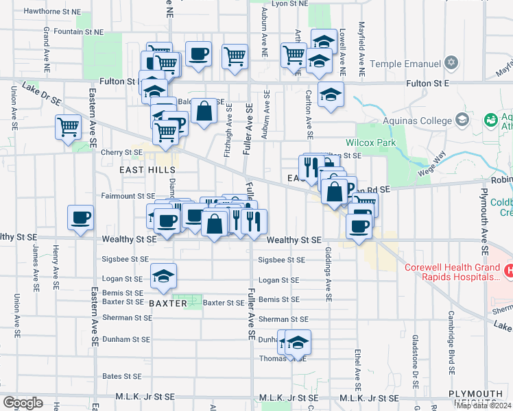 map of restaurants, bars, coffee shops, grocery stores, and more near 316 Fuller Avenue Southeast in Grand Rapids